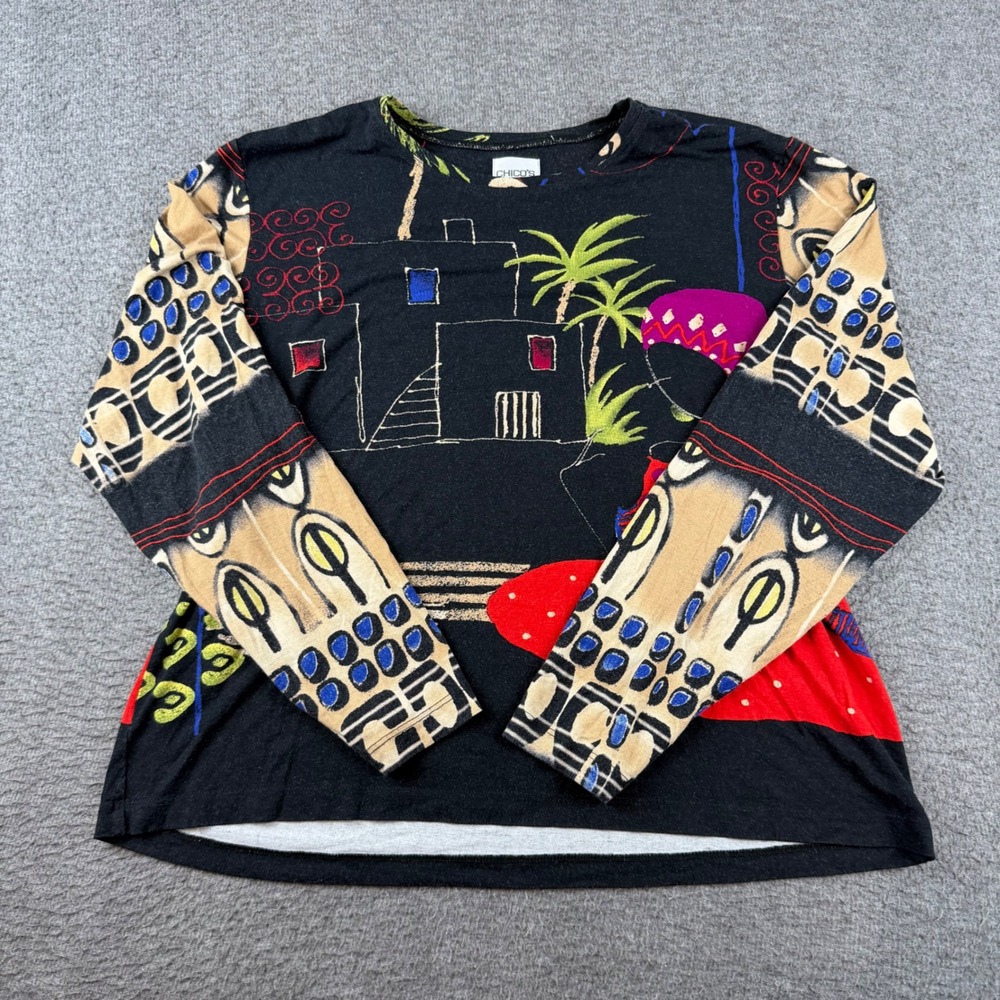 Chico's Long Sleeve Top Women's Size 3 Black Multi Color Art Print Rayon Blend